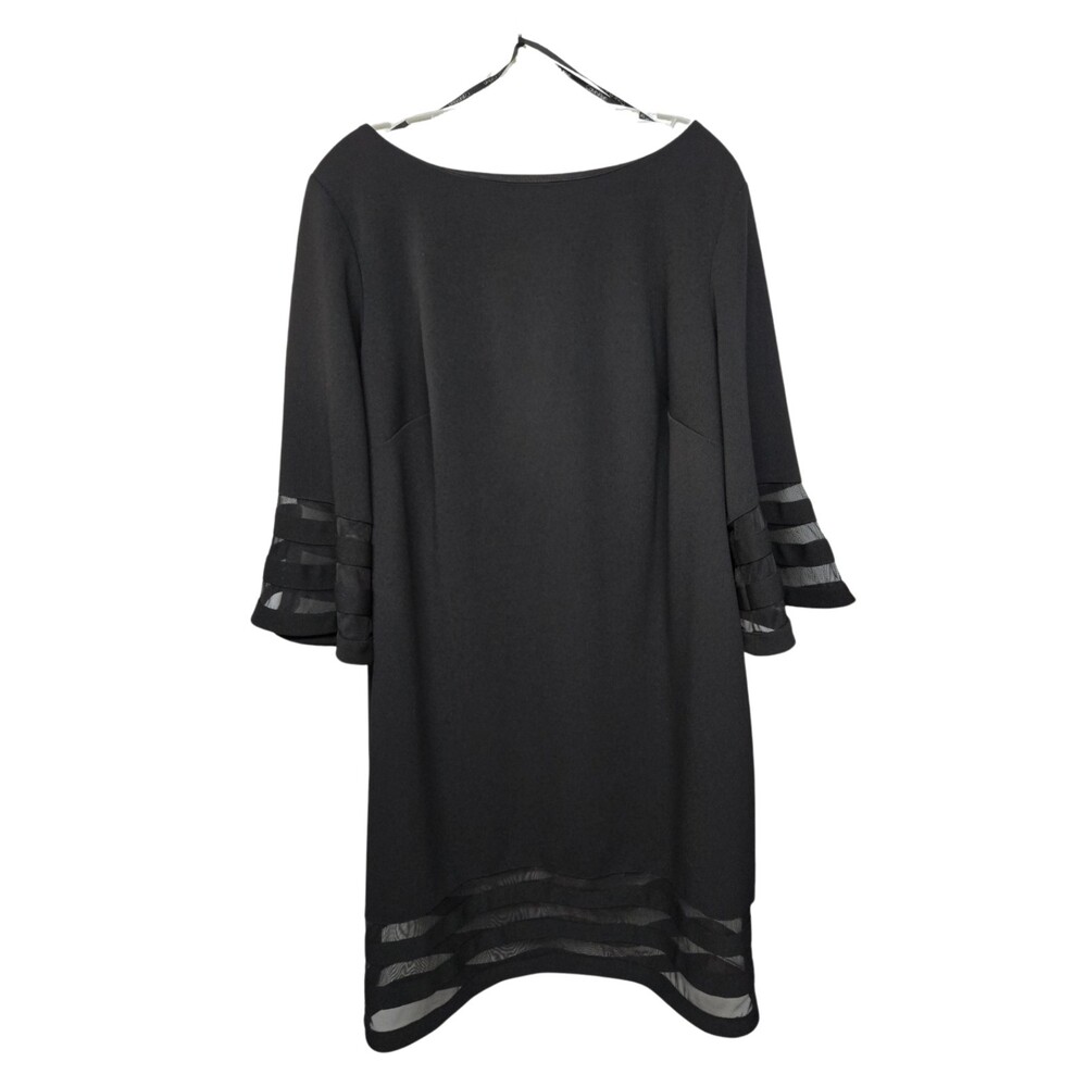 Calvin Klein Black Shift Dress Size 16W Bell Sleeve Sheer Stripe Classic Chic